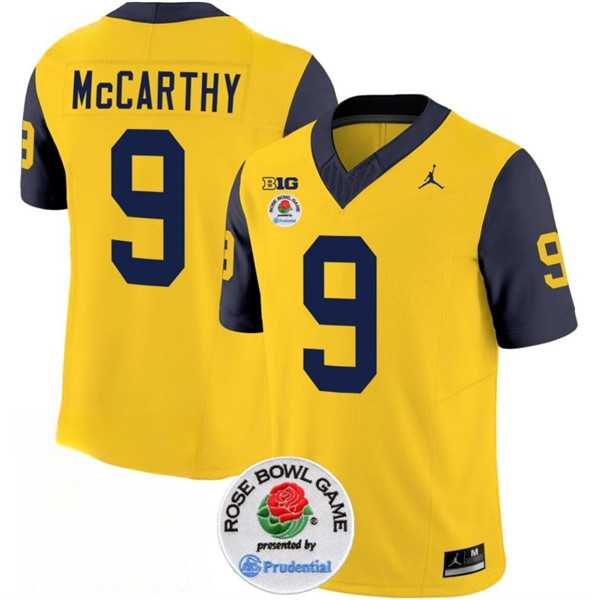 Men%27s Michigan Wolverines #9 J.J. McCarthy 2023 F.U.S.E. Yellow Navy Rose Bowl Patch Stitched Jersey Dzhi